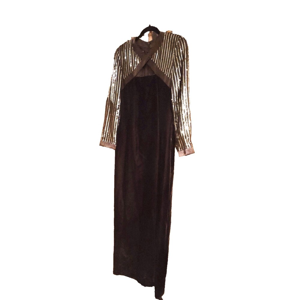 Vtg Escada Couture Blue Sequin Black Velvet Maxi Dress Sz 8 Black Tie Formal 38